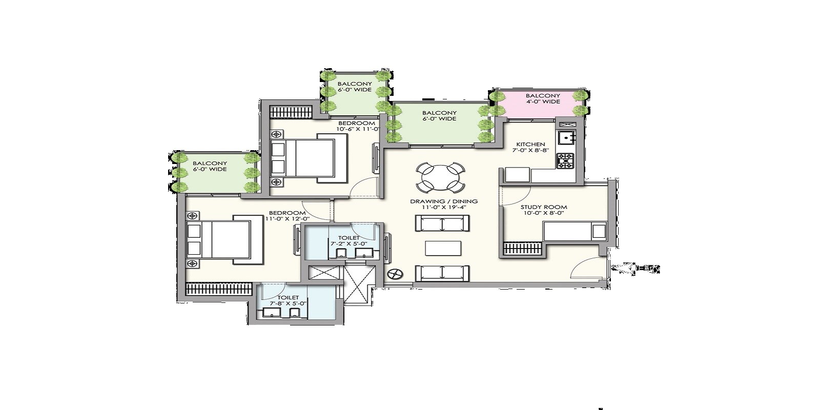 Floor plan of 2 BHK 1430 Sq. Ft. Apartment in Supertech Hues, Gurgaon
