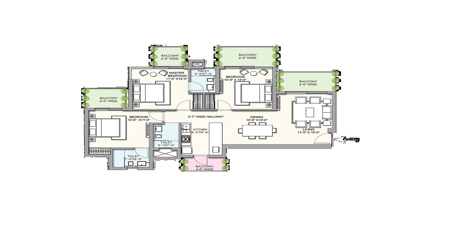 Floor plan of 3 BHK 1765 Sq. Ft. Apartment in Supertech Hues, Gurgaon