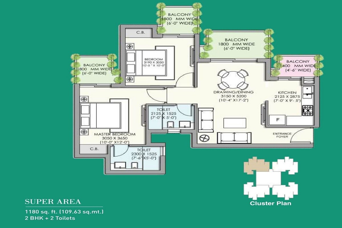 Floor plan of 2 BHK 1180 Sq. Ft. Apartment in Supertech Jade Towers, Gurgaon