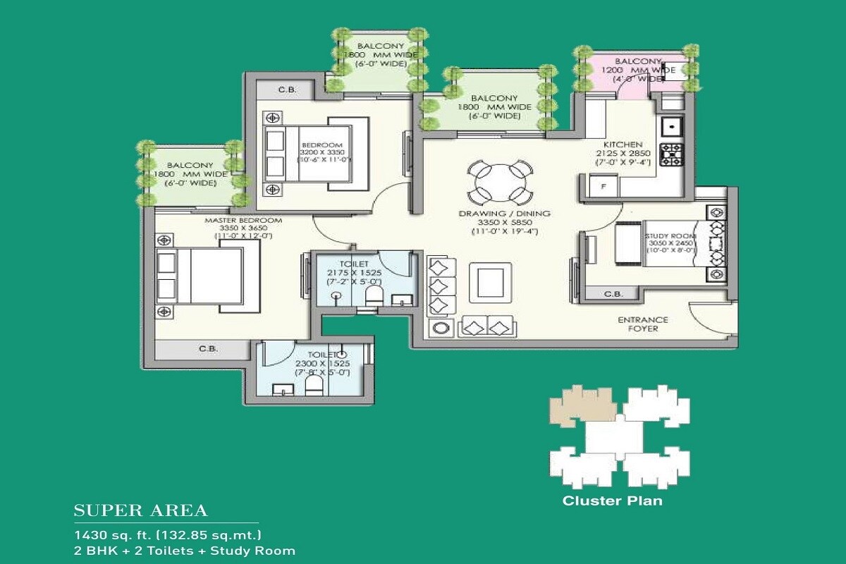 Floor plan of 2 BHK 1430 Sq. Ft. Apartment in Supertech Jade Towers, Gurgaon