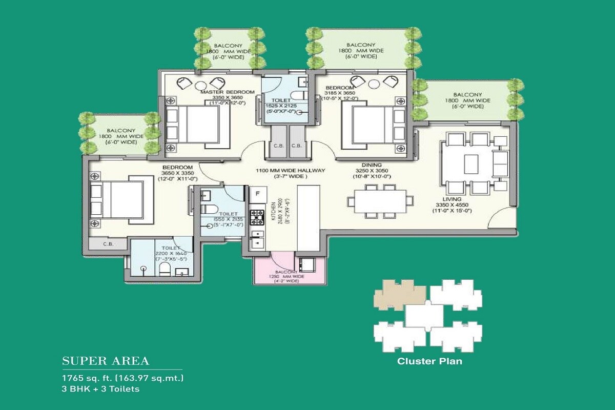 Floor plan of 3 BHK 1765 Sq. Ft. Apartment in Supertech Jade Towers, Gurgaon