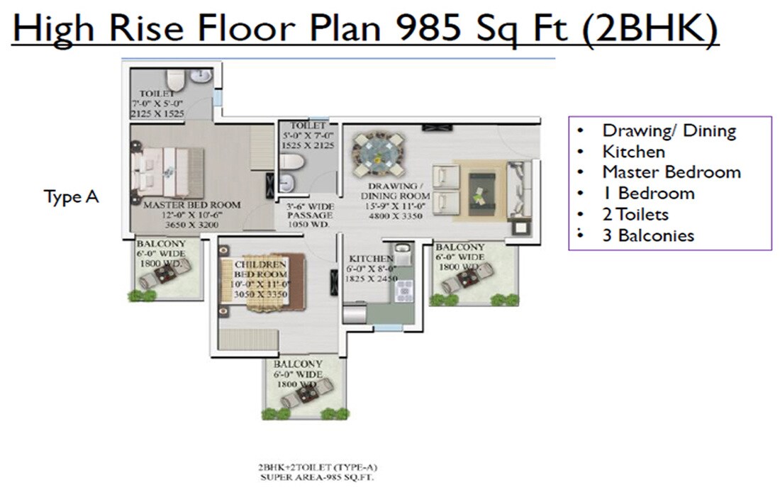 Floor plan of 2 BHK 985 Sq. Ft. Apartment in Supertech Officers Enclave, Gurgaon