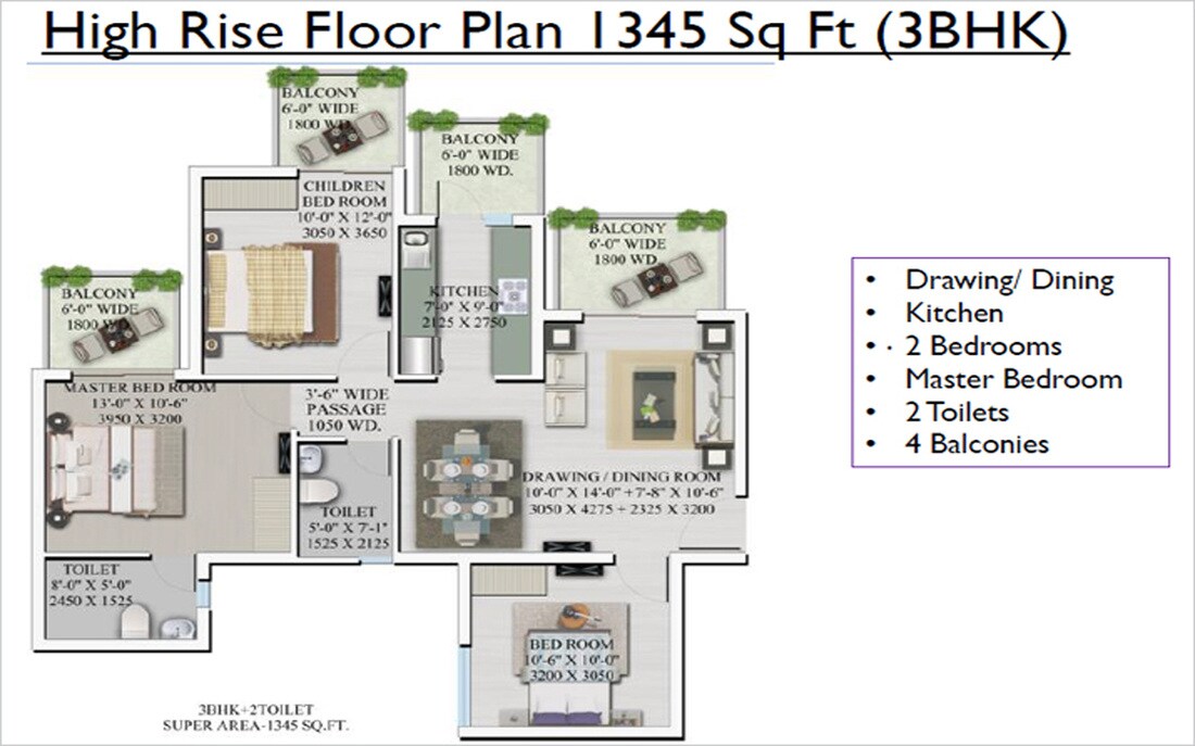 Floor plan of 3 BHK 1345 Sq. Ft. Apartment in Supertech Officers Enclave, Gurgaon
