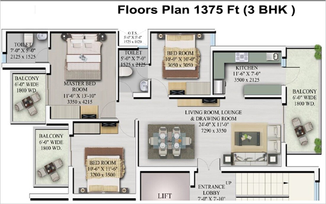 Floor plan of 3 BHK 1375 Sq. Ft. Ind Floor in Supertech Officers Enclave, Gurgaon