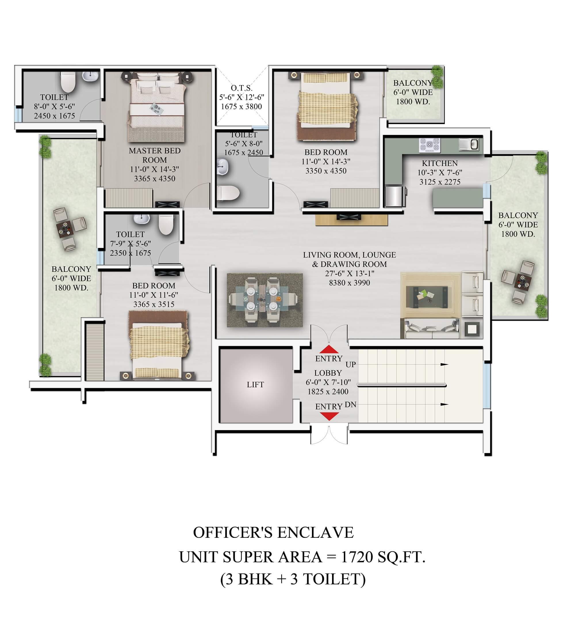 Floor plan of 3 BHK 1720 Sq. Ft. Ind Floor in Supertech Officers Enclave, Gurgaon
