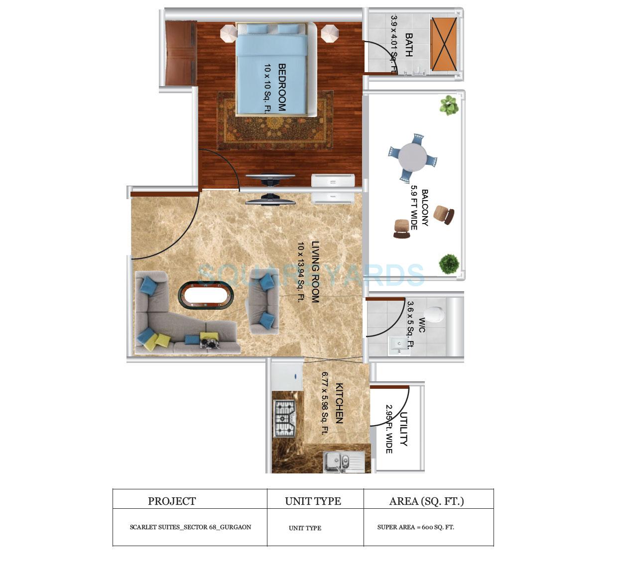 Floor plan of 1 BHK 600 Sq. Ft. Apartment in Supertech Scarlet Suits, Gurgaon