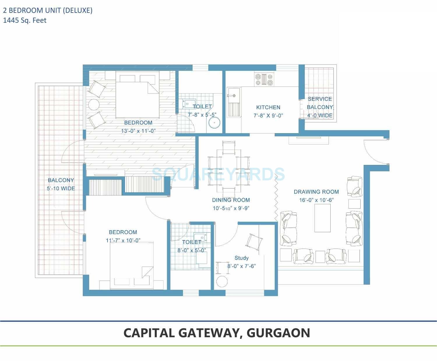 Floor plan of 2 BHK 1445 Sq. Ft. Apartment in Tashee Capital Gateway, Gurgaon