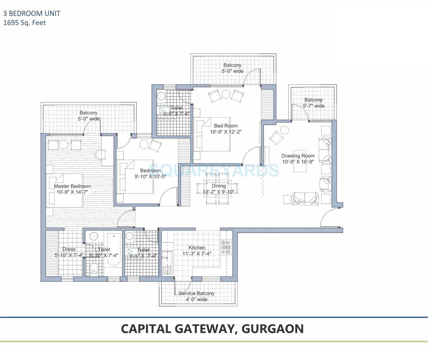 Floor plan of 3 BHK 1695 Sq. Ft. Apartment in Tashee Capital Gateway, Gurgaon