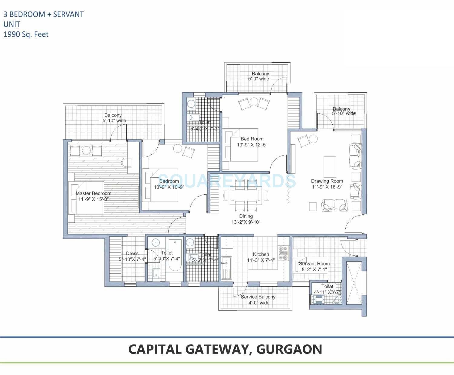 Floor plan of 3 BHK 1990 Sq. Ft. Apartment in Tashee Capital Gateway, Gurgaon