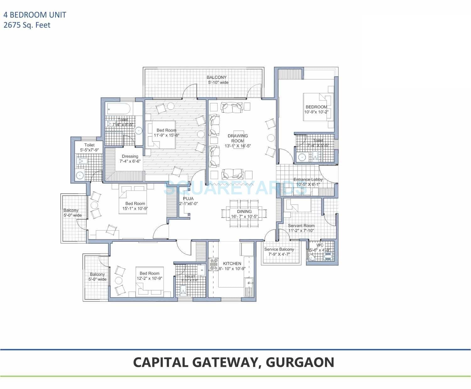 Floor plan of 4 BHK 2675 Sq. Ft. Apartment in Tashee Capital Gateway, Gurgaon