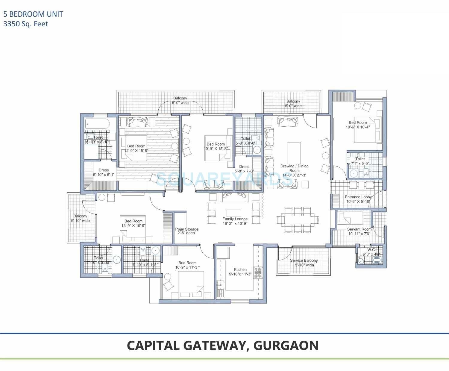 Floor plan of 5 BHK 3350 Sq. Ft. Apartment in Tashee Capital Gateway, Gurgaon