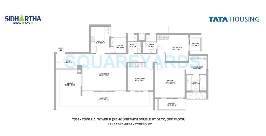 Floor plan of 3 BHK 2520 Sq. Ft. Apartment in Tata Gurgaon Gateway, Gurgaon