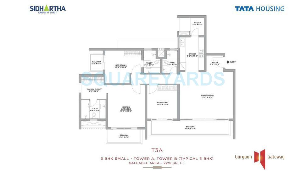 Floor plan of 3 BHK 2215 Sq. Ft. Apartment in Tata Gurgaon Gateway, Gurgaon