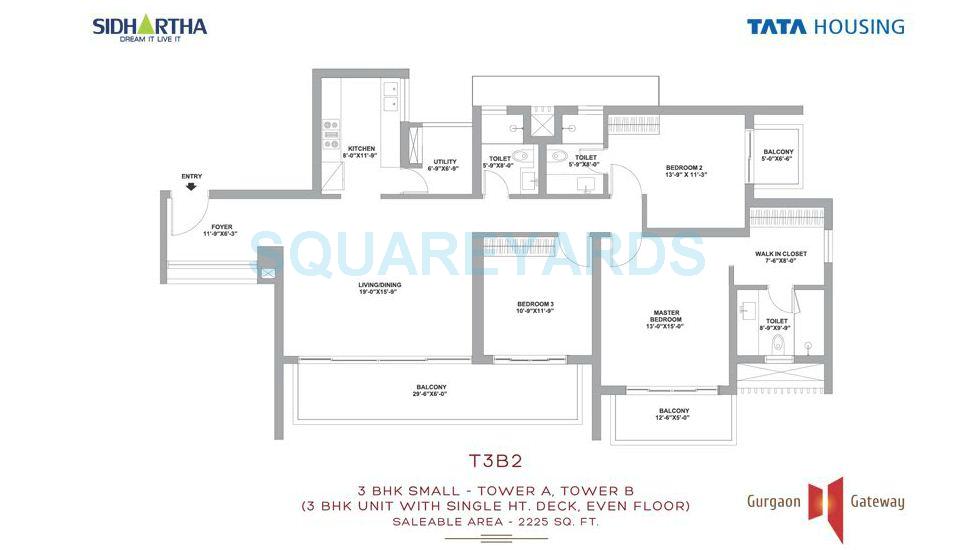 Floor plan of 3 BHK 2225 Sq. Ft. Apartment in Tata Gurgaon Gateway, Gurgaon