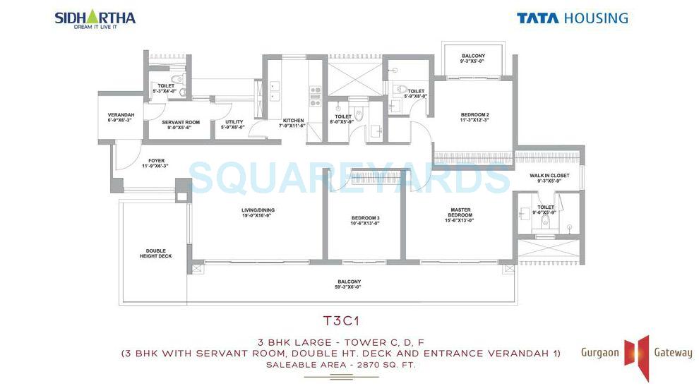 Floor plan of 3 BHK 2870 Sq. Ft. Apartment in Tata Gurgaon Gateway, Gurgaon