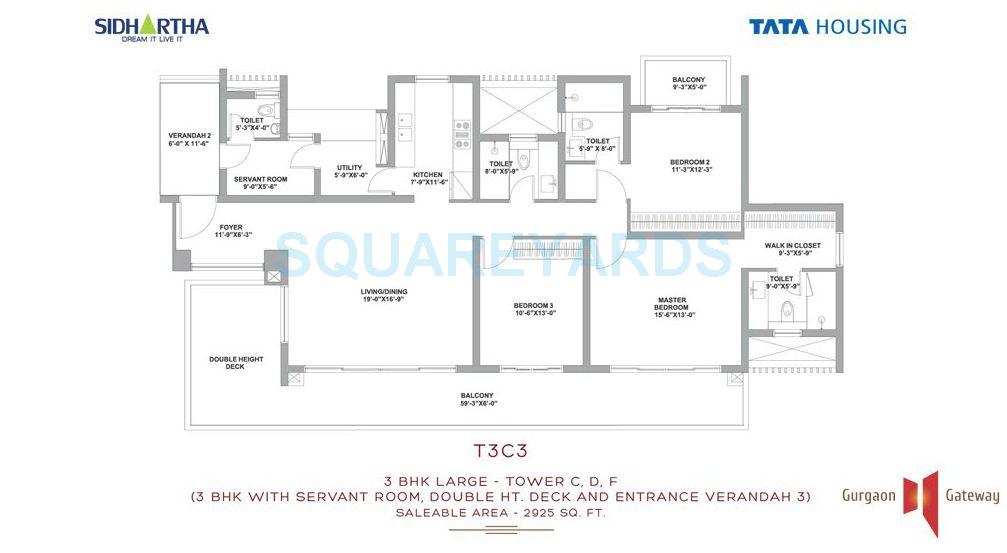Floor plan of 3 BHK 2925 Sq. Ft. Apartment in Tata Gurgaon Gateway, Gurgaon