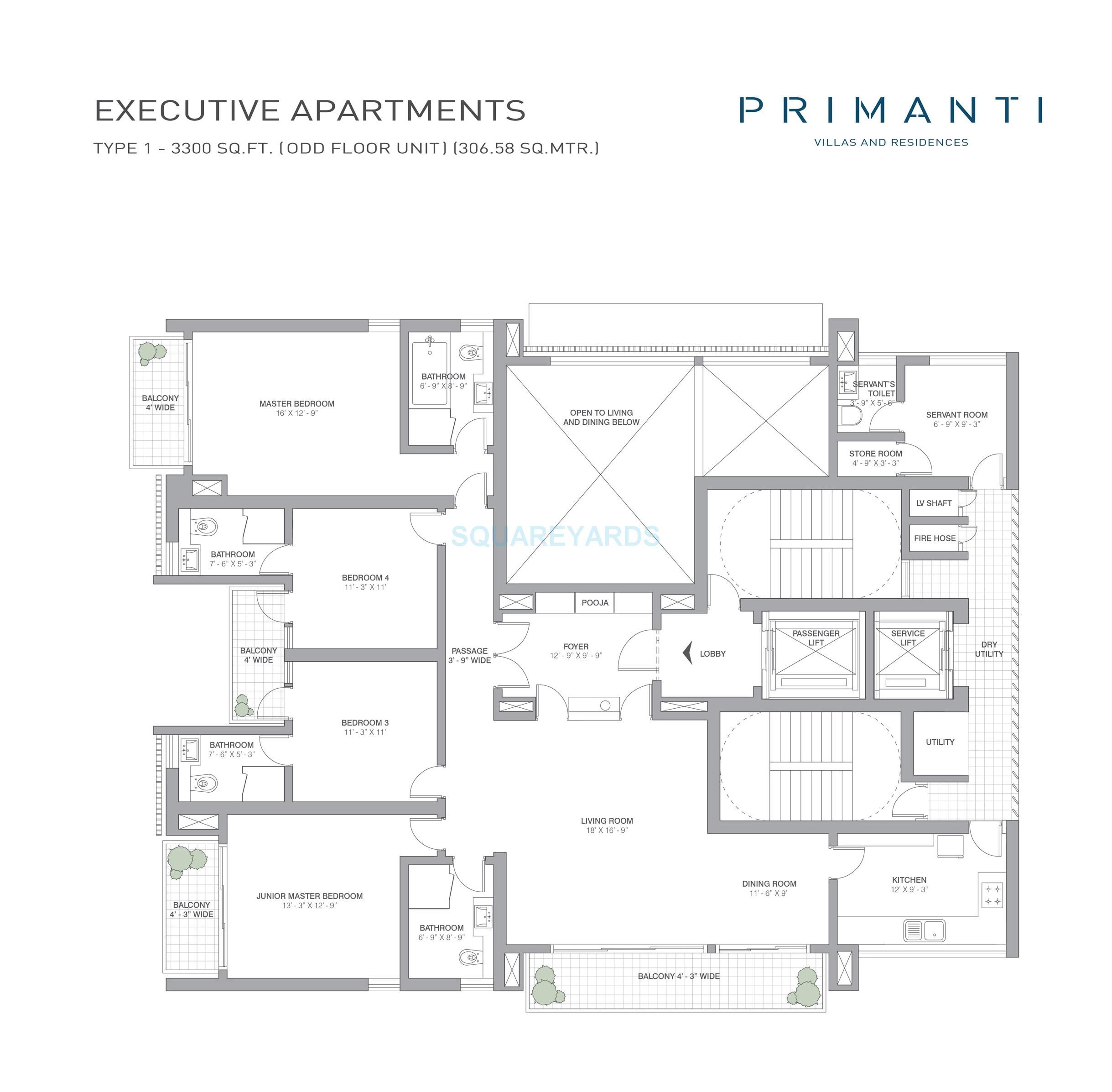 Floor plan of 4 BHK 3300 Sq. Ft. Apartment in Tata Primanti-Executive Apartments, Gurgaon