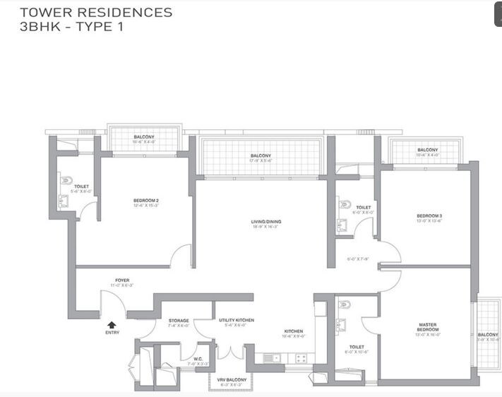 Floor plan of 3 BHK 2550 Sq. Ft. Apartment in Tata Primanti-Tower Residences, Gurgaon