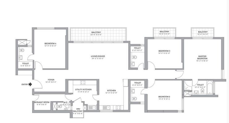 Floor plan of 4 BHK 3320 Sq. Ft. Apartment in Tata Primanti-Tower Residences, Gurgaon