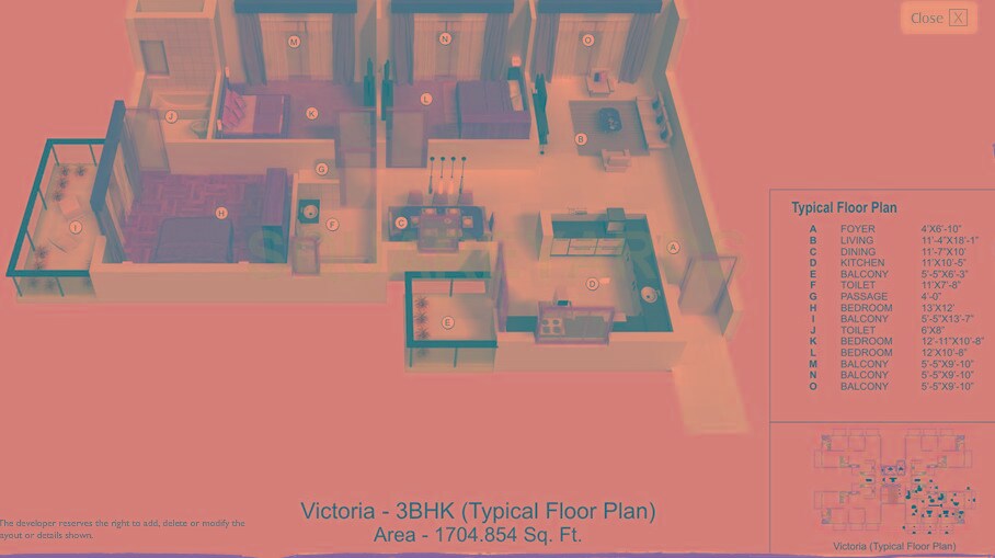 Floor plan of 3 BHK 1705 Sq. Ft. Apartment in Tata Raheja Raisina Residency, Gurgaon
