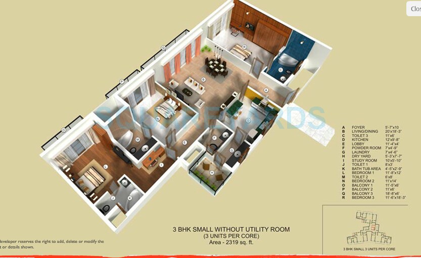 Floor plan of 3 BHK 2319 Sq. Ft. Apartment in Tata Raheja Raisina Residency, Gurgaon