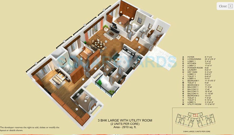 Floor plan of 3 BHK 2910 Sq. Ft. Apartment in Tata Raheja Raisina Residency, Gurgaon