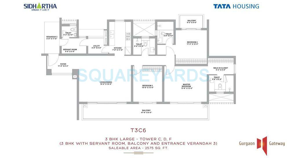Floor plan of 3 BHK 2575 Sq. Ft. Apartment in Tata Gurgaon Gateway, Gurgaon
