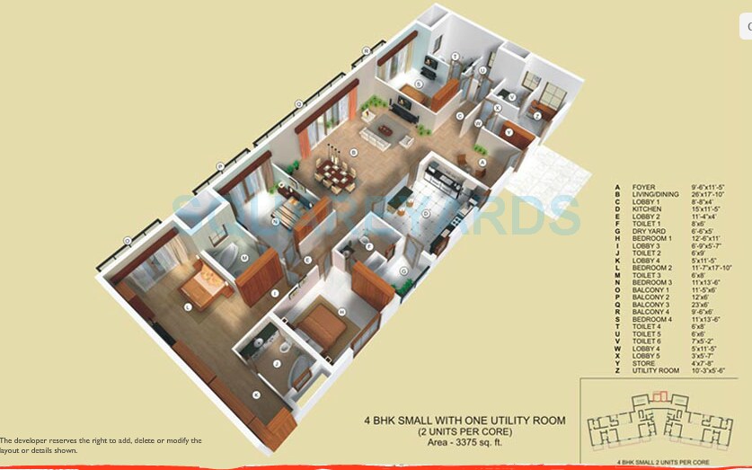 Floor plan of 4 BHK 3375 Sq. Ft. Apartment in Tata Raheja Raisina Residency, Gurgaon