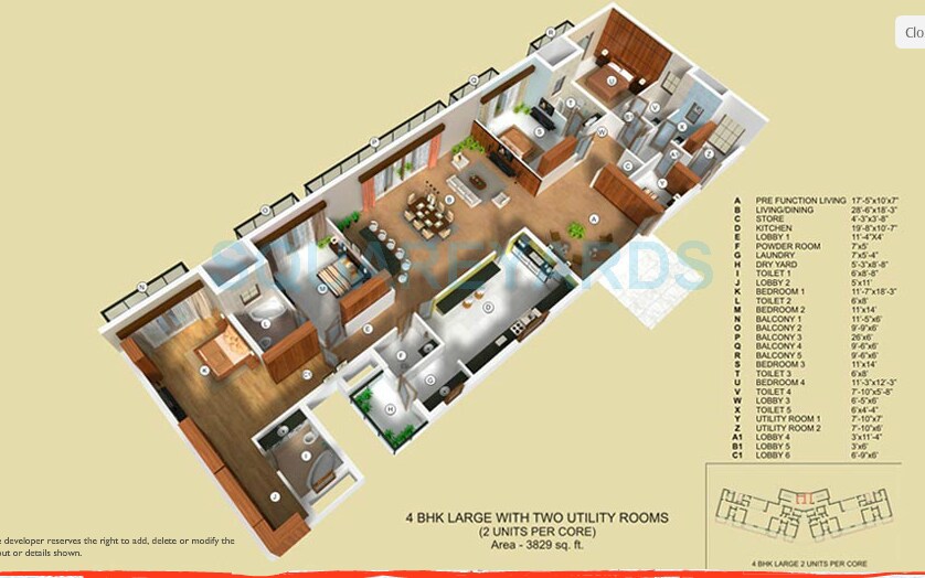 Floor plan of 4 BHK 3829 Sq. Ft. Apartment in Tata Raheja Raisina Residency, Gurgaon