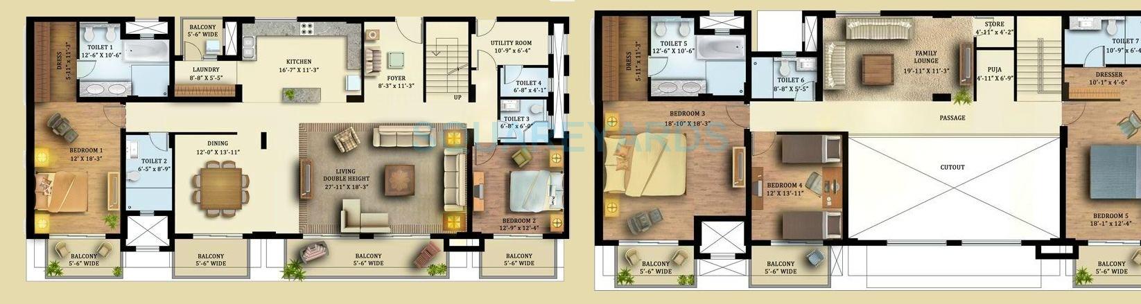 Floor plan of 5 BHK 5953 Sq. Ft. Apartment in Tata Raheja Raisina Residency, Gurgaon