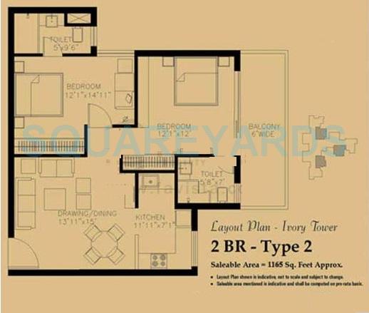 Floor plan of 2 BHK 1165 Sq. Ft. Apartment in TDI Ourania, Gurgaon