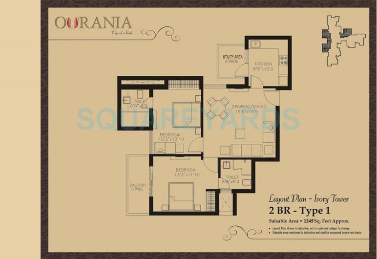 Floor plan of 2 BHK 1245 Sq. Ft. Apartment in TDI Ourania, Gurgaon