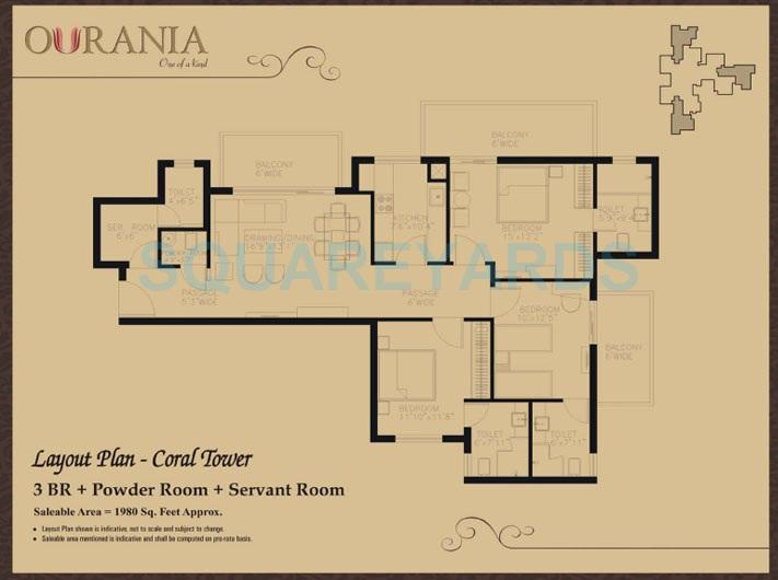 Floor plan of 3 BHK 1980 Sq. Ft. Apartment in TDI Ourania, Gurgaon