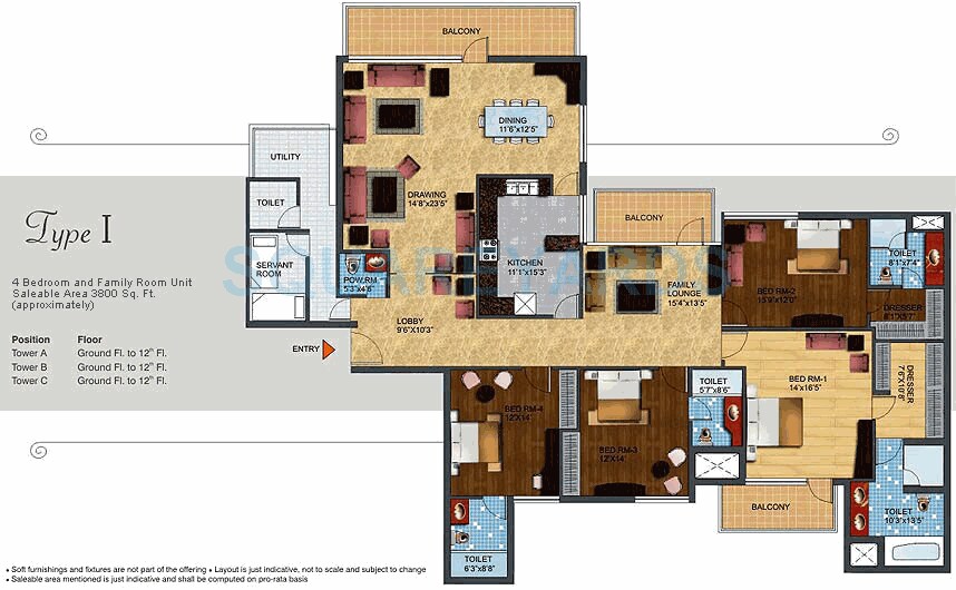 Floor plan of 4 BHK 3800 Sq. Ft. Apartment in TDI Ourania, Gurgaon