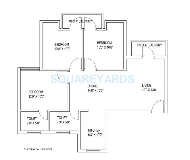 Floor plan of 3 BHK 1150 Sq. Ft. Apartment in The City Of Homestead, Gurgaon