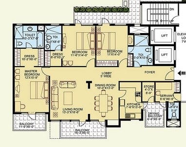 Floor plan of 3 BHK 2200 Sq. Ft. Apartment in The Legend One, Gurgaon
