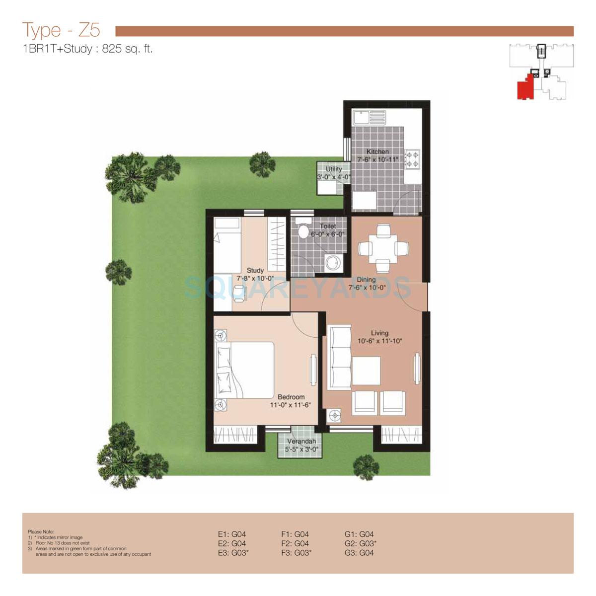Floor plan of 1 BHK 825 Sq. Ft. Apartment in Unitech Uniworld Resorts-The Residences, Gurgaon