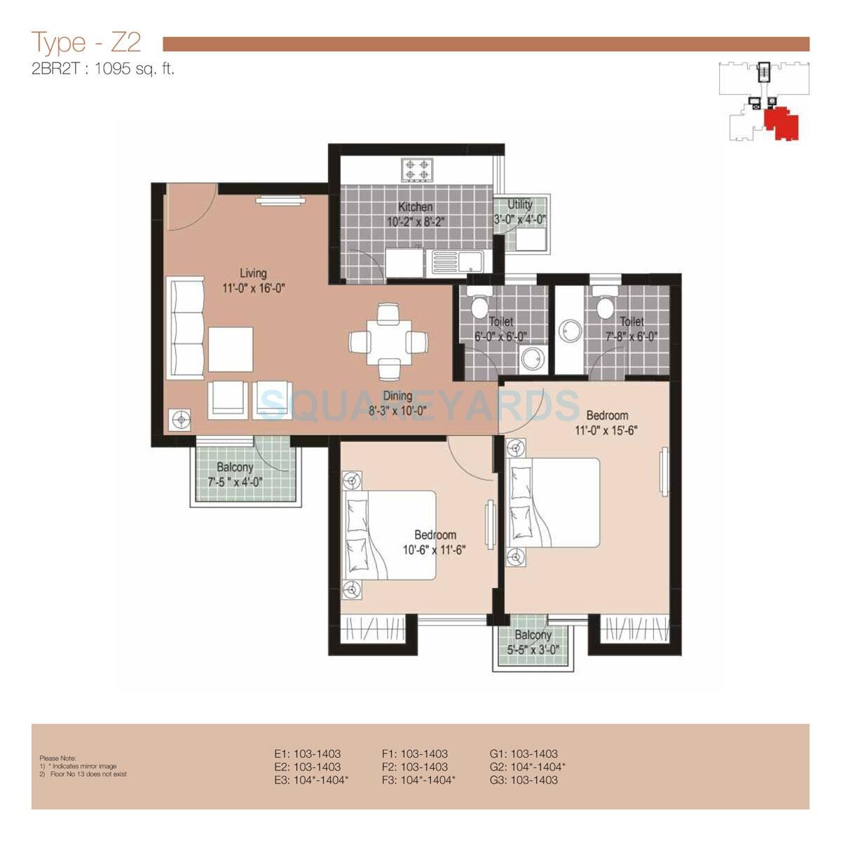 Floor plan of 2 BHK 1095 Sq. Ft. Apartment in Unitech Uniworld Resorts-The Residences, Gurgaon