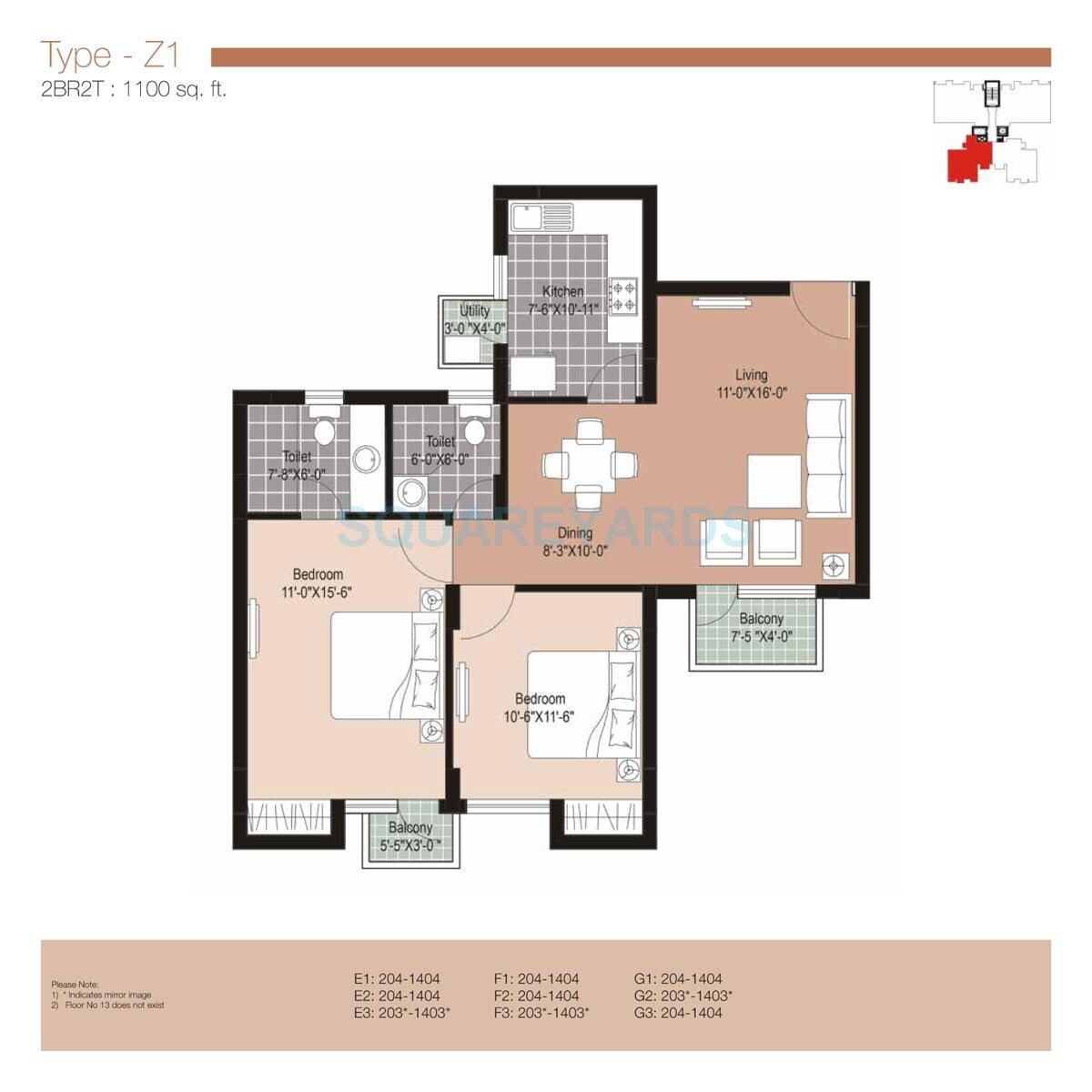 Floor plan of 2 BHK 1100 Sq. Ft. Apartment in Unitech Uniworld Resorts-The Residences, Gurgaon