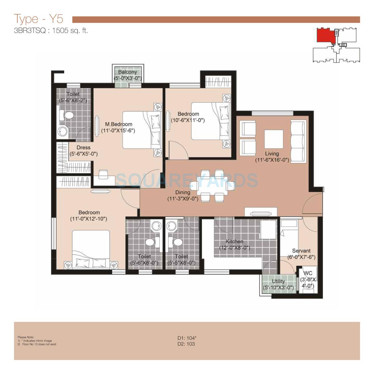 Floor plan of 3 BHK 1505 Sq. Ft. Apartment in Unitech Uniworld Resorts-The Residences, Gurgaon