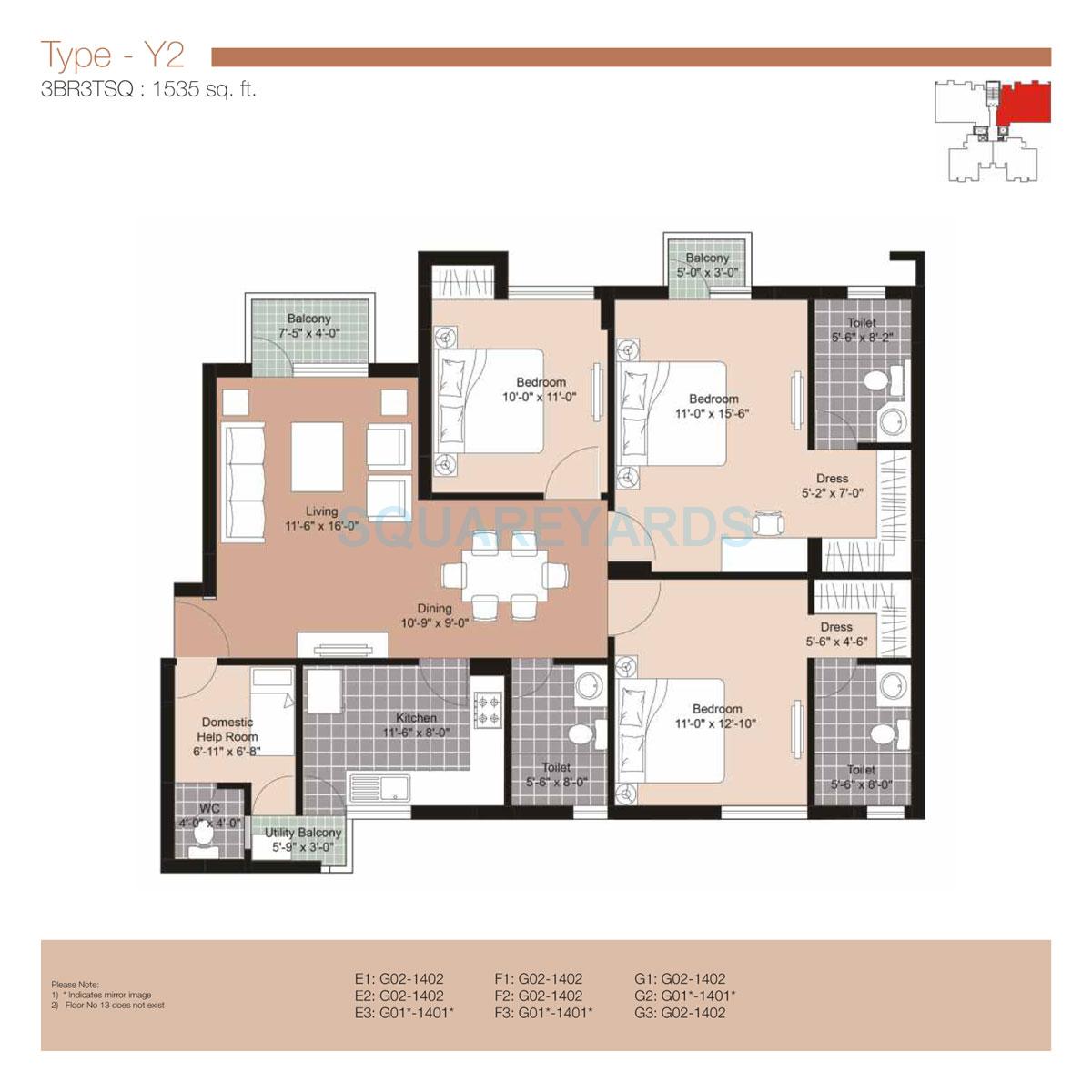 Floor plan of 3 BHK 1535 Sq. Ft. Apartment in Unitech Uniworld Resorts-The Residences, Gurgaon