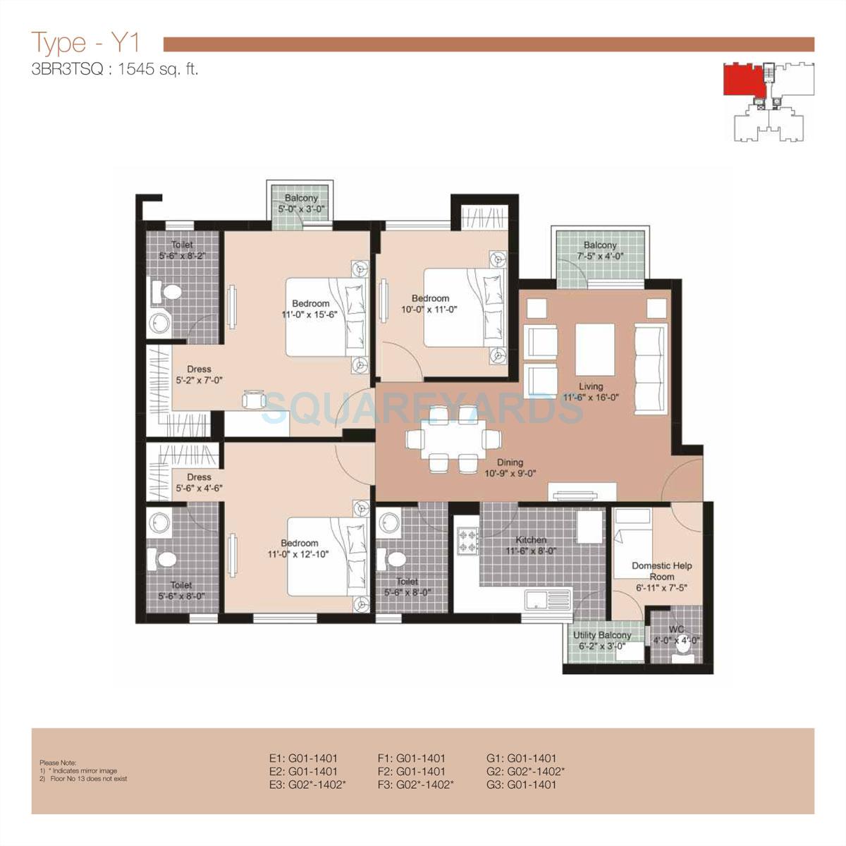 Floor plan of 3 BHK 1545 Sq. Ft. Apartment in Unitech Uniworld Resorts-The Residences, Gurgaon