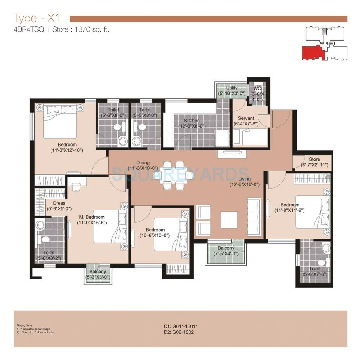 Floor plan of 4 BHK 1870 Sq. Ft. Apartment in Unitech Uniworld Resorts-The Residences, Gurgaon