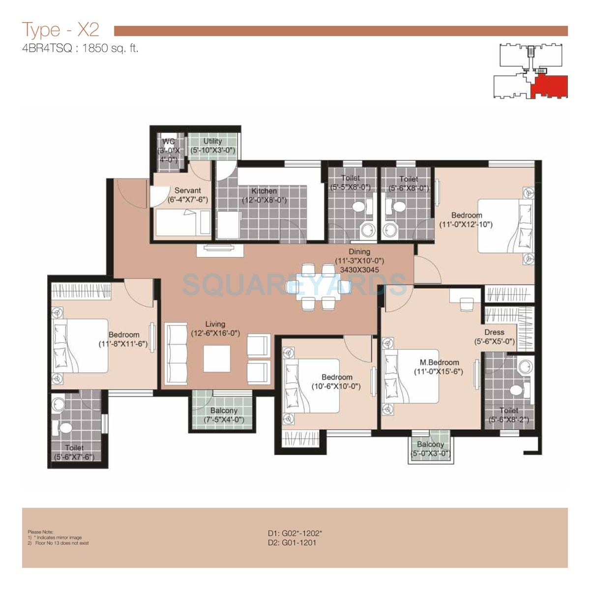 Floor plan of 4 BHK 1850 Sq. Ft. Apartment in Unitech Uniworld Resorts-The Residences, Gurgaon