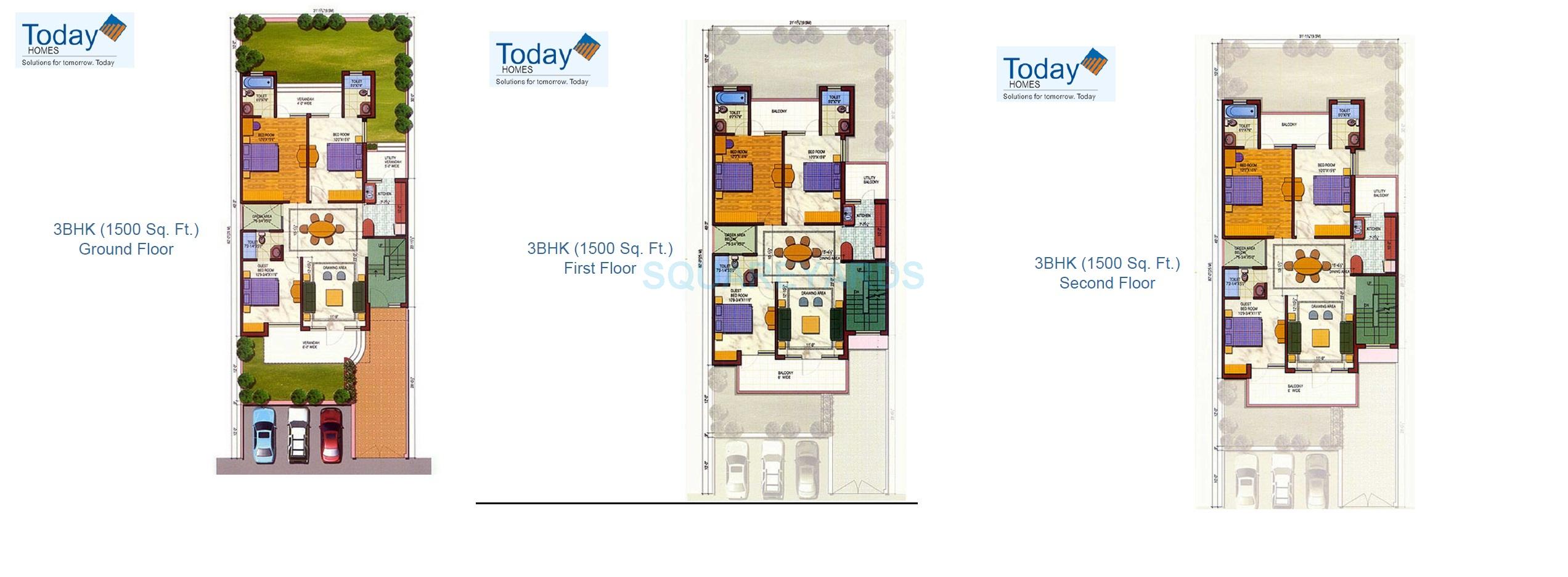 Floor plan of 3 BHK 1500 Sq. Ft. Ind Floor in Today Blossoms I, Gurgaon