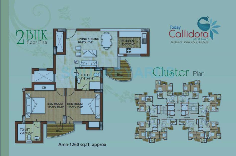 Floor plan of 2 BHK 1260 Sq. Ft. Apartment in Today Callidora, Gurgaon