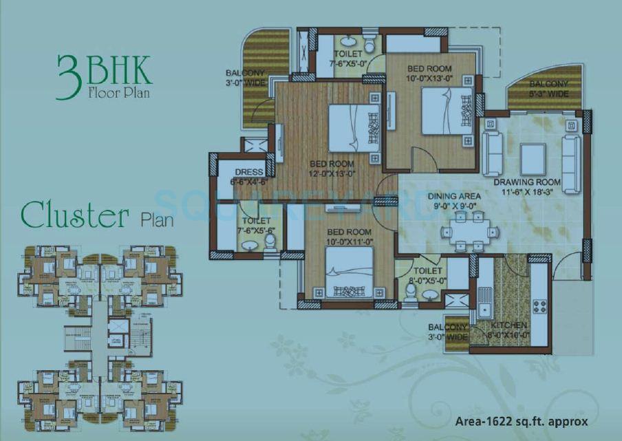 Floor plan of 3 BHK 1622 Sq. Ft. Apartment in Today Callidora, Gurgaon