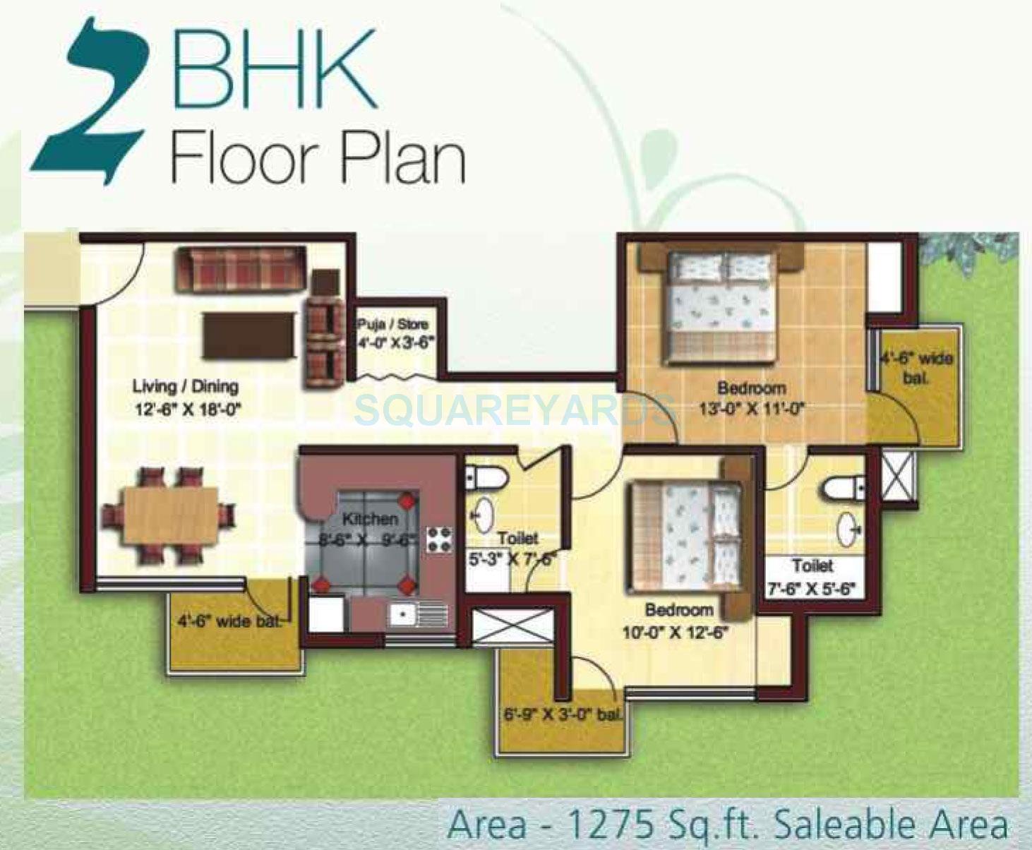 Floor plan of 2 BHK 1275 Sq. Ft. Apartment in Today Canary Greens, Gurgaon
