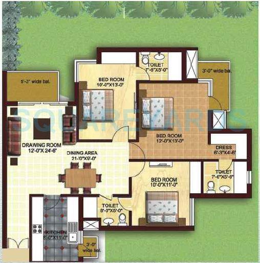 Floor plan of 3 BHK 1640 Sq. Ft. Apartment in Today Canary Greens, Gurgaon