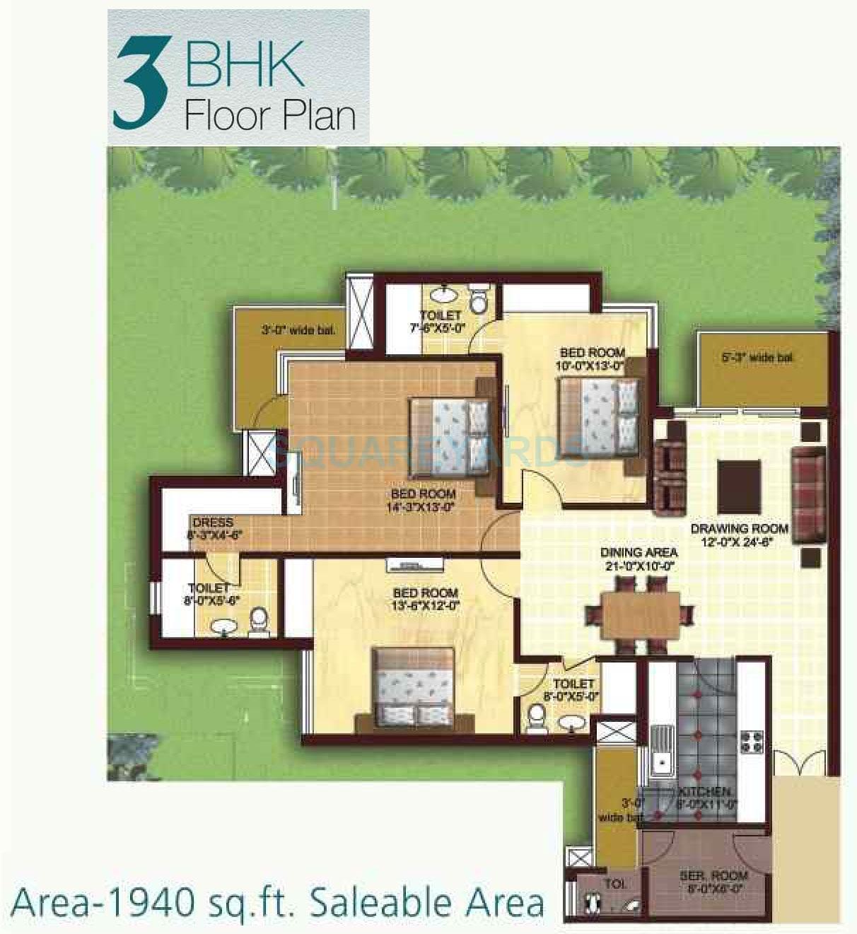 Floor plan of 3 BHK 1940 Sq. Ft. Apartment in Today Canary Greens, Gurgaon